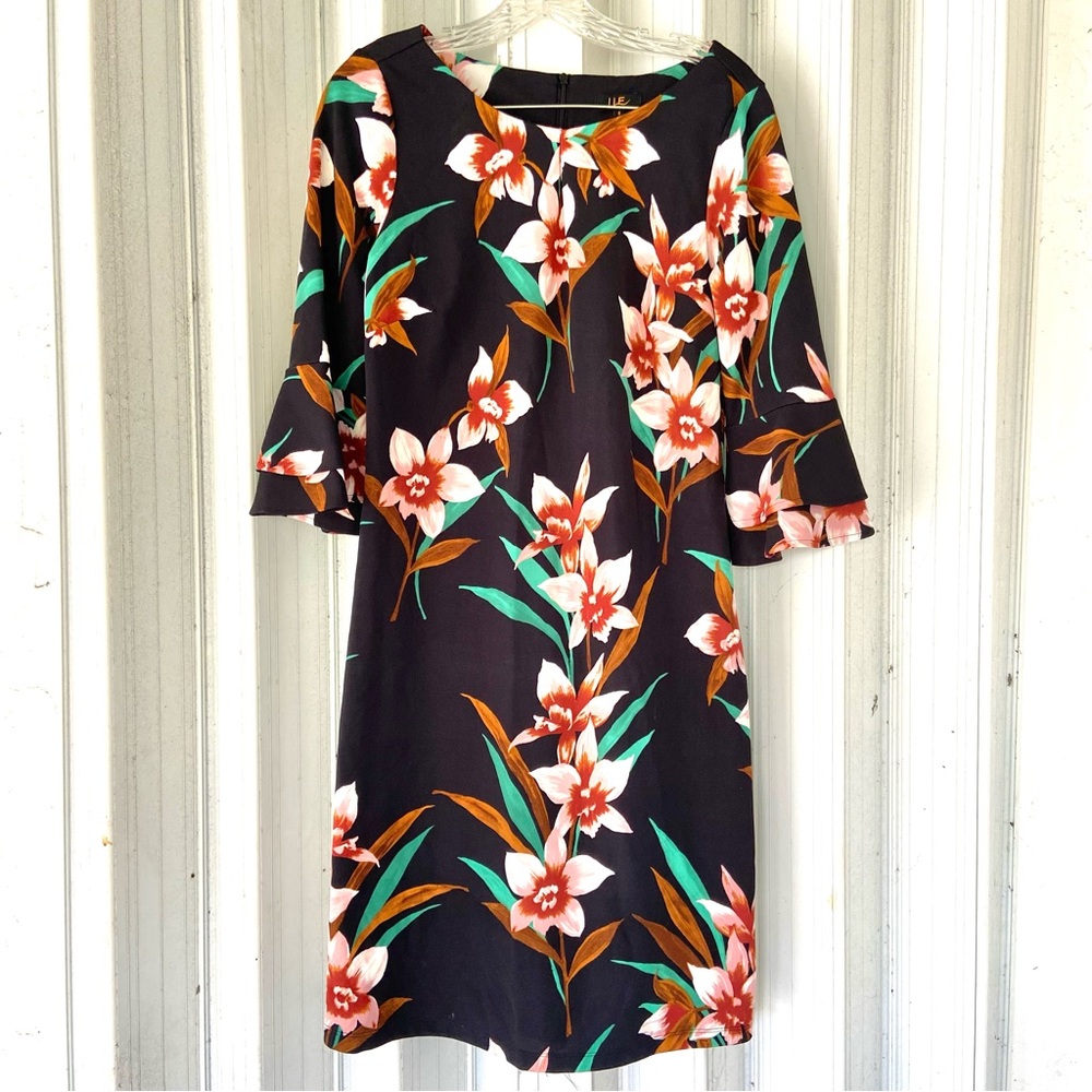 ILE Black Floral Knee Length Midi Dress w/ Ruffle Hem Sleeves!